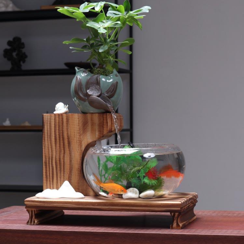 Transparent Glass Fish Tank Ceramic Fountain Decor