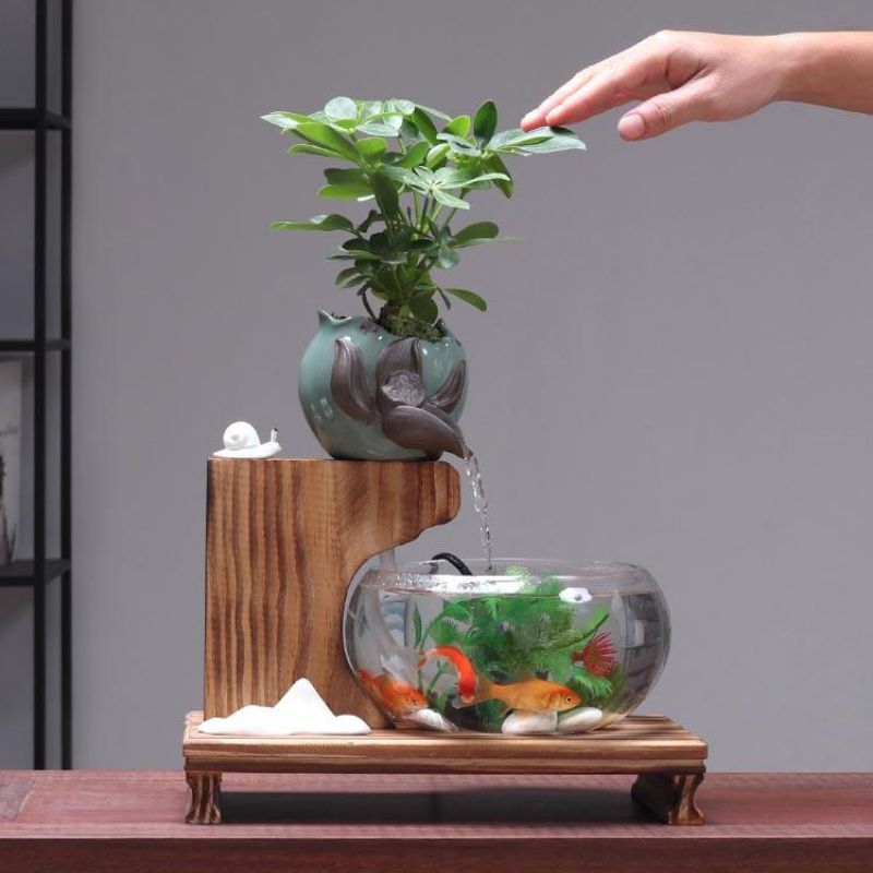 Transparent Glass Fish Tank Ceramic Fountain Decor