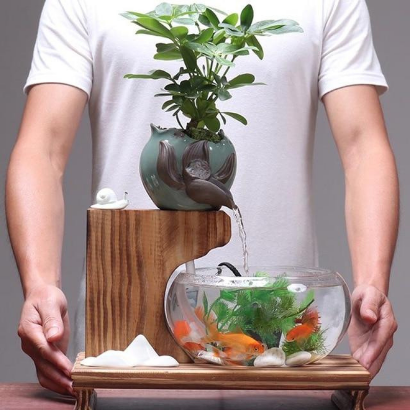 Transparent Glass Fish Tank Ceramic Fountain Decor