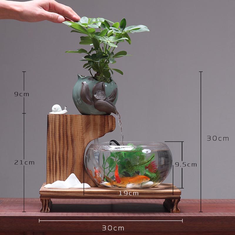 Transparent Glass Fish Tank Ceramic Fountain Decor