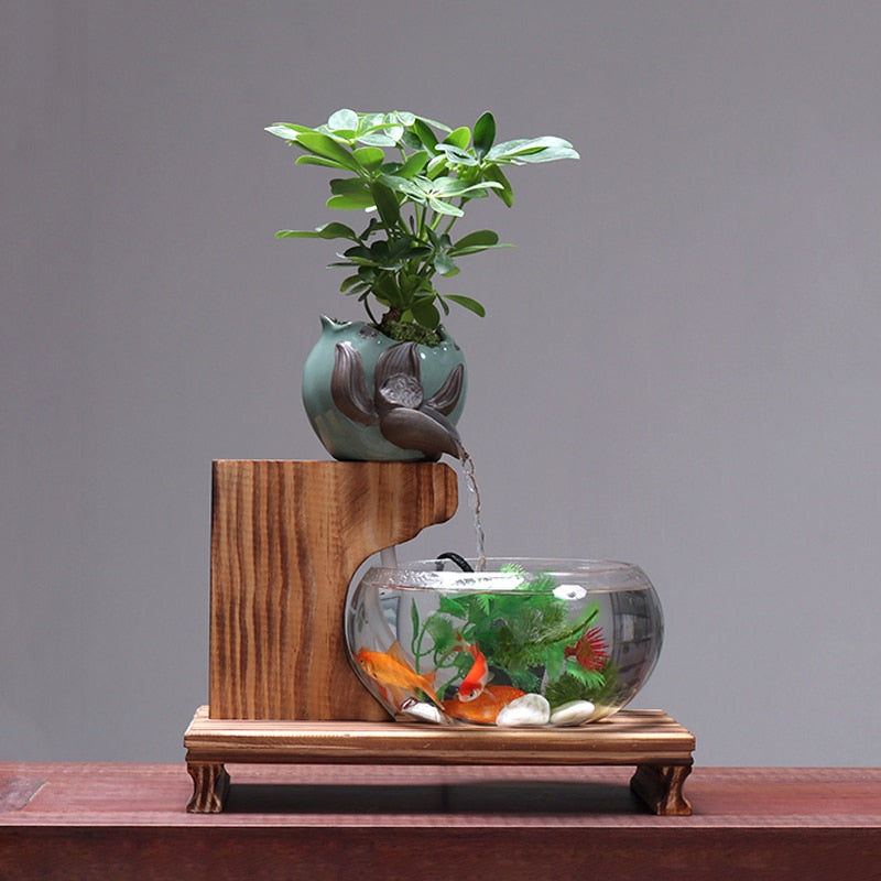 Transparent Glass Fish Tank Ceramic Fountain Decor